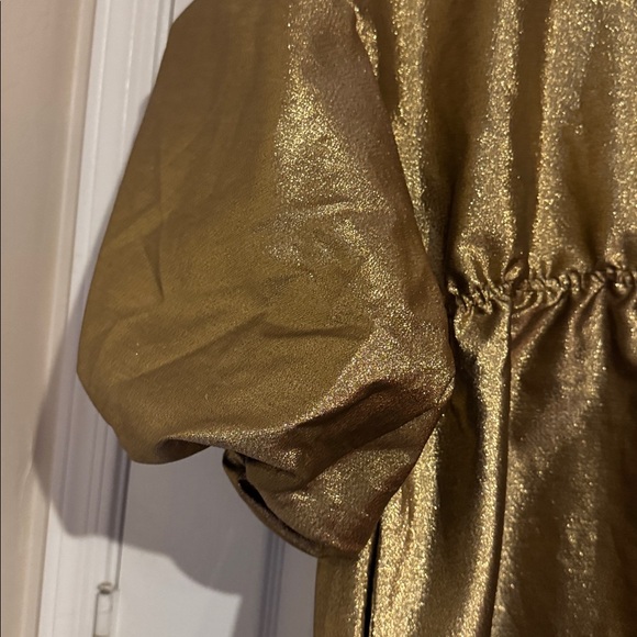 EUC Kika Vargas Dresses Puff Sleeve Scallop Back Midi Dress Large Gold - Picture 9 of 9
